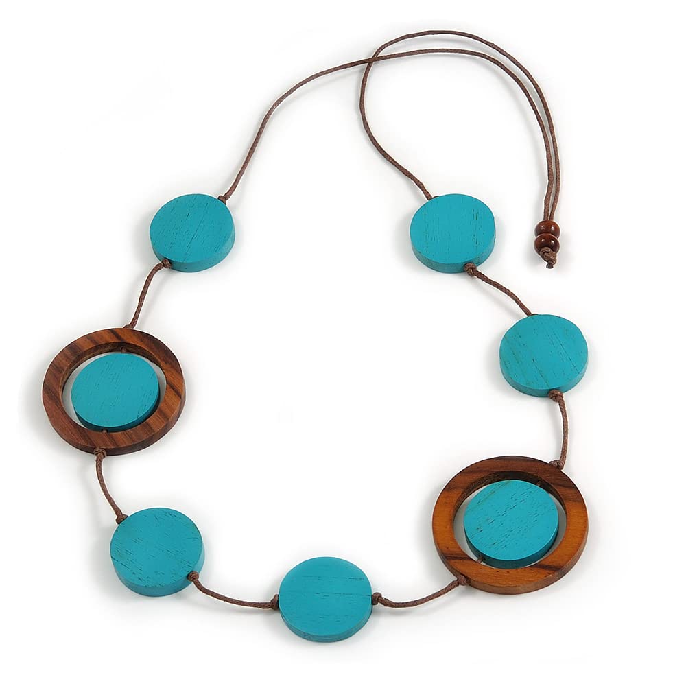 Avalaya Turquoise Blue/Brown Coin Wood Bead Cotton Cord Necklace - 88cm Long - Adjustable