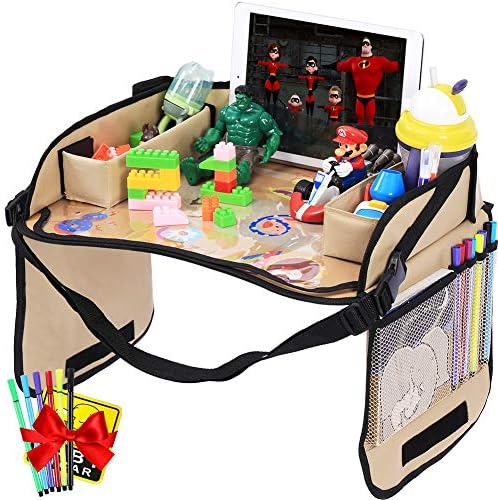 Innokids Kids Travel Lap Tray Car Seat Snack Organizer Toddler Activity Play Desk with Erasable PVC Surface, iPad & Tablet Holder, Mesh Pockets for Short Road Trips or Long Journeys (Khaki)
