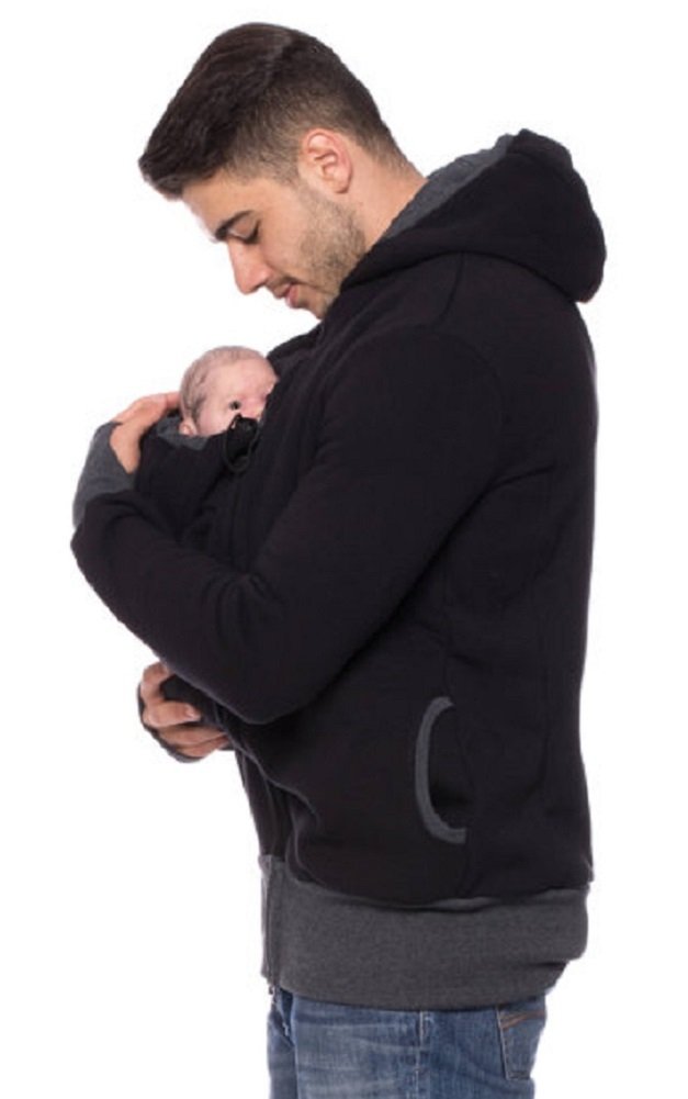 Moxeay Mens 2 in 1 Hoodie Outerwear Coat Kangaroo Jacket Baby Carrier (XXL, Black for men)