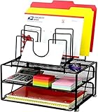 DecoBros Mesh Desk Organizer with Double Tray and 5 Stacking Sorter Sections, Black (Office Product)