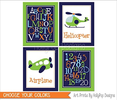 Airplane nursery art, Helicopter wall art, Alphabet number prints, Baby boy wall art, Boy nursery decor, Nursery art prints, Boys room art - SET OF 4 UNFRAMED ART PRINTS #1259