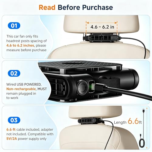 ElfTrip Car Seat Fan with Dual Air Outlets, Corded USB Car Fans for Kids for Driver Passenger, Stronger 3 Speeds, Forward or Backward Airflow, Fits in Most Car SUV (1 Pack No Recharge Plug-in to Work)
