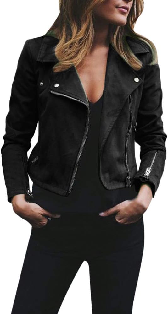 KUDICO Womens Faux Leather Jacket Ladies Retro Rivet Zipper Up Lapel Motor Jacket Bomber Punk Cropped Coat Outerwear