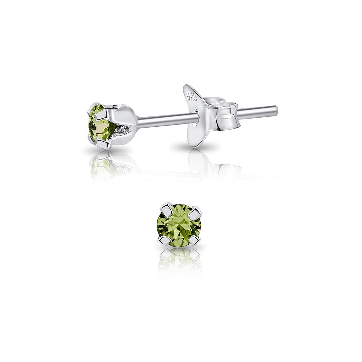 925 Sterling Silver Round Tiny Stud Earrings made with Glittering Crystals - Small Silver Studs Earrings for Woman - Diameter: 2 mm - Colour : Peridot