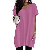 Poetsky Summer Womens Tunic Tops for Leggings with Pockets Vneck Short Sleeve Casual Long T Shirts S-3XL