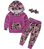 Oklady Baby Girls Floral Valentines Clothes Hoodie+ Floral Pant + Bow Headband 3Pcs Outfits For 0-2Y