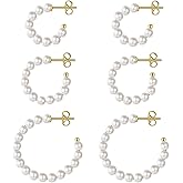 MUYAN 3 Pairs Pearl Hoop Earrings for Women,Gold Plated Pearl Earrings Lightweight Hoops White Pearl Jewelry