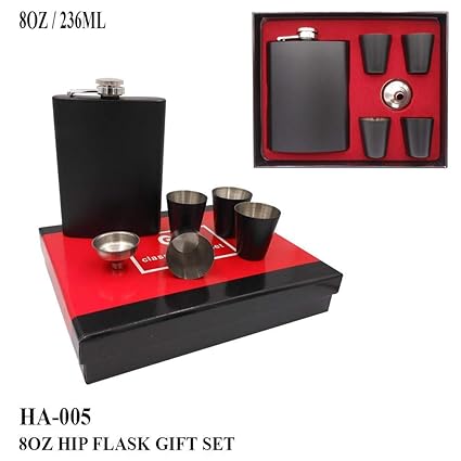 iKraft Stainless Steel 8 Oz / 230 ml Hip Flask Gift Set with 4 Shot Glasses and 1 Funnel Black Matt