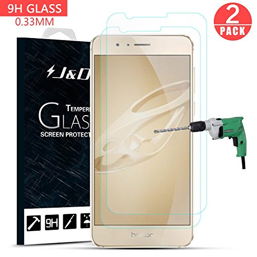 Huawei Honor 8 Screen Protector, J&D Glass Screen Protector [Tempered Glass] HD Clear Ballistic Glass Screen Protector for Huawei Honor 8 - Protect Screen From Drop and Scratch (2 Packs)