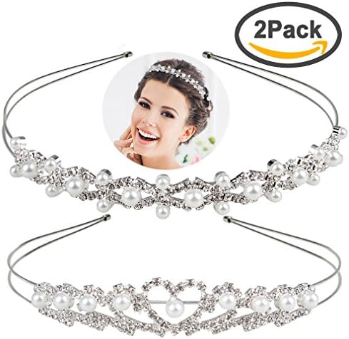 Exacoo Pretty Rhinestone Tiara Crown 2 Pack Wedding Bridal Birthday Pageant Princess Hair Loop Headband Gorgeous Crown, Silver