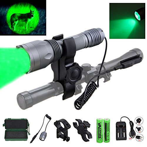 350 yard CREE LED Green Flashlight Hog Coyote Varmints Predator Long Range Night Hunting Light (Green Flashlight + Dual Control Pressure Switch + 2 X 18650 Batteries + Charger + Barrel + Scope Mounts)