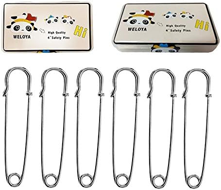 WELOYA Extra-LARGE 4" Steel Safety Pins - Blankets, Skirts, Kilts, Crafts 6Pcs Silver