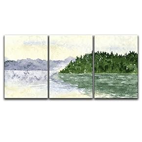 3 Panel Canvas Wall Art - Watercolor Style Mountain Trees Calm Lake - Giclee Print Gallery Wrap Modern Home Art Ready to Hang - 16"x24" x 3 Panels