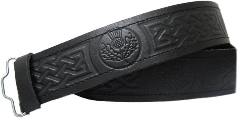 REAL HANDMADE MENS LEATHER SCOTTISH THISTLE EMBOSSED BELT VELMODERNKICRO FIT FOR KILT (LARGE (34''-46''), SCOTTISH THISTLE EMBOSSED)