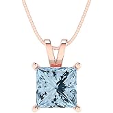 Clara Pucci 2 cttw Blue Simulated Diamond Rose Gold-Plated Silver Necklace and Pendant for Women (16" Box Chain,Princess Cut,7.0mm)