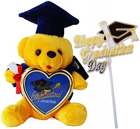 Best Graduation 2017 Plush Animal Teddy Bear with Blue Cap, Gown &amp; Diploma Holding a Gold Heart Picture Frame (Copper Color 7"x8"x6") &amp; Graduation Pick Bl