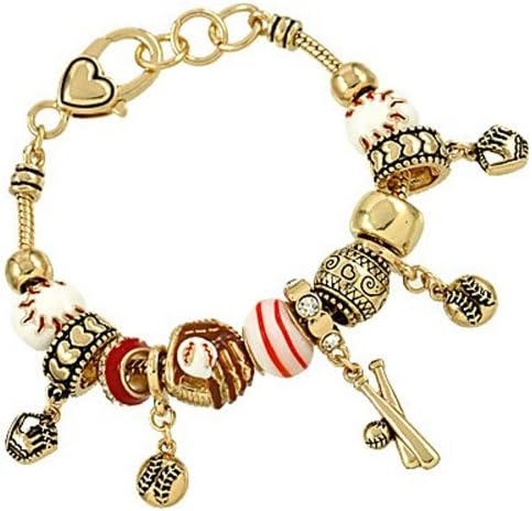 Ladies Baseball Bat Glove Red White Murano Glass Goldtone Charm Bracelet, 7.5+.5" Extender
