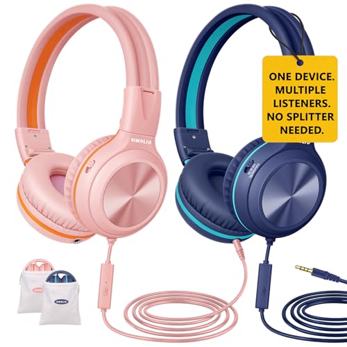 SIMOLIO 2er-Pack kabelgebundene Kopfhörer mit Mikrofon, faltbare Kopfhörer für Teenager-Mädchen und -Jungen, Over-Ear-Headset mit Lautstärkebegrenzung