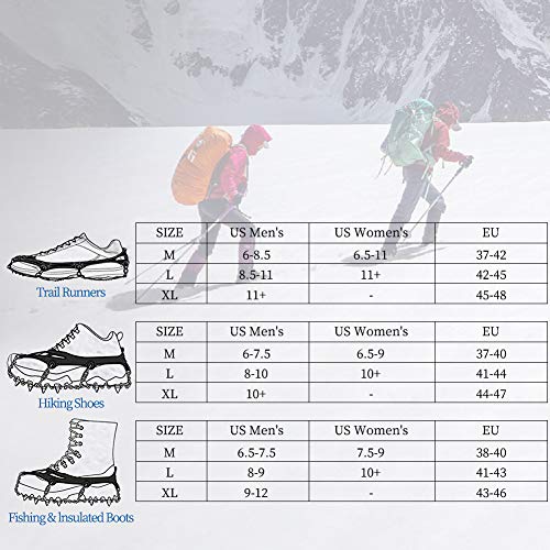 Crampons Traction Cleats Ice Cleats Snow Grips Grippers Anti Slip Stainless Steel Microspikes with 19 Spikes 1 Free Pouch for Men Women Boots Shoes Hiking Backpacking Mountaineering