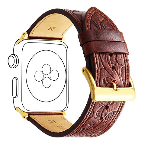 Apple Watch Retro Leather Carved Bands, Ezzdo Handmade Bump Genuine Leather Replacement Strap Flower Brown Bracelet For Men & Women For Iwatch 38mm 42mm Series 1 / 2 / 3 (Red Brown 42mm)