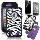 Pandamimi ULAK(TM) Hard Hybrid Case Cover Black White Zebra Black Silicone TUFF case for Apple iPhone 4 4S + Front and Back Screen Protector
