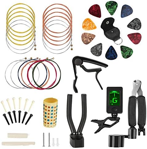 Guitar Strings Changing Kit, Kungber Guitar Accessories Kit Including Guitar Strings, Bridge Pins, Bones, Picks, Pick Holder, Tuner, 3 in 1 String Winder Cutter, Pin Puller, Capo, Hook (BZ)