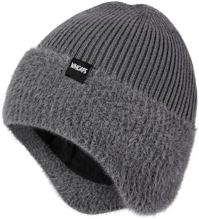 Men & Women Dark Gray Beanie with Brim and Ear Flaps Fleece-Lined Hat WMCAPS Winter Beanie with Brim and Ear Flaps, Outdoor Warm  main image 2