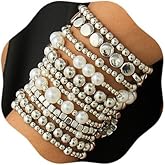 wekicici Golden Bracelet for Women Gold Plated Layered Beads Ball Bracelets Stackable Faux Pearl Bead Bracelet Set Fashion Adjustable Bracelet Set Jewelry for Gifts