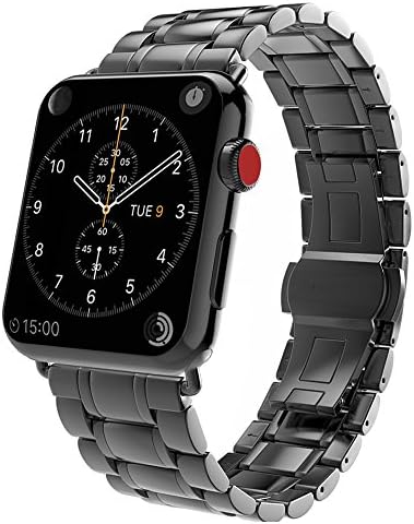 Transhare Stainless Steel Mesh Replacement Band with Metal Butterfly Buckle and Adapter Clasp for Apple Watch Series 3, Series 2, Series 1, Sport, Edtion (5 Pointers - Black 42mm)