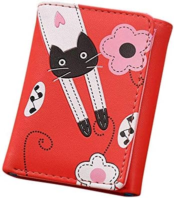 LEvifun Women Lovely Cat Coin Purse Trifold Small Flower Pouch Money Wallet Mini Bag Retro Vintage Handbag Credit Card Holder Key Ring Change Purse for Women Teen Girl (Style2 Red)