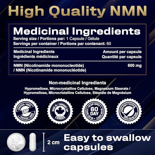 NMN High Purity 600 mg per Capsule – Nicotinamide Mononucleotide Supplement | Supports Cellular Health | Supports NAD+ Levels | Helps Metabolize Nutrients | Source of Vitamin B3 | 60 Capsules | 2 Month Supply | Made in Canada