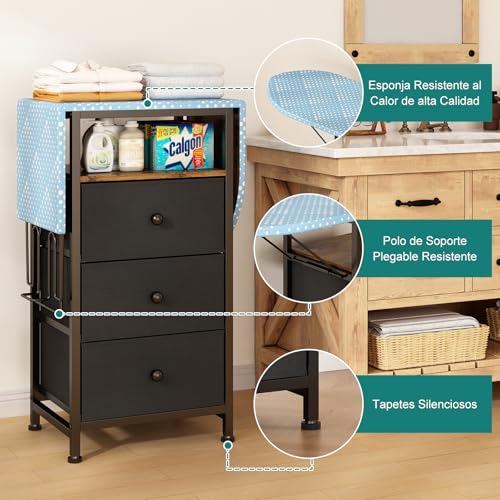 Uzelia Tabla de Planchar Plegable, 110×29×75cm, Burro de Planchar con Soporte para Plancha y Tres Cajones, Estructura de Hierro Más Estable, Adecuado para Salas de Estar, Dormitorios y Lavaderos