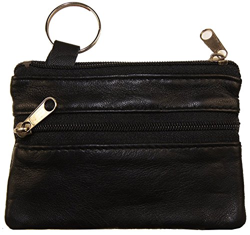 Improving Lifestyles Leather Coin Two (2) Zipper Small Pouch Black with Organza Bag SUN180BK