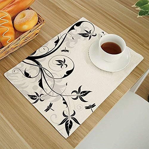 Customized Machine Washable Placemats - Handcrafted with Classic Hemstitch & Mitered Corners,Dragonfly Swirled Floral Background with Damask Curl Branches and Leaves Print Light-Grey-Black-White