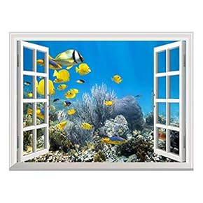 Removable Wall Sticker/Wall Mural - Underwater Coral Reef Scenery with Colorful School of Fish | Creative Window View Home Decor/Wall Decor - 36"x48"