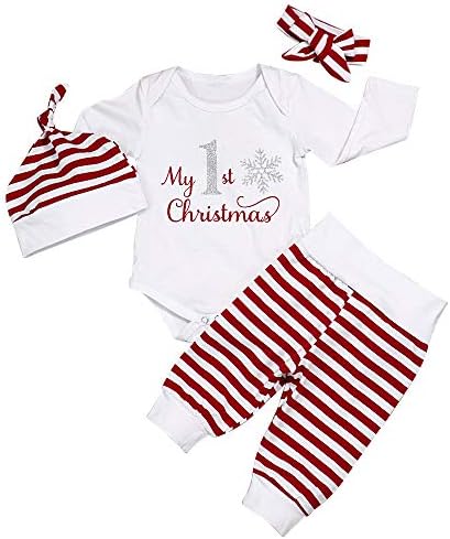 My First Christmas Outfit Newborn Baby Boys Girls Romper Bodysuit + Stripe Pants + Hat + Headband Winter Clothes Set