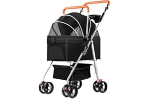 YYW Pet Stroller for Small Dogs & Cats, 3 in 1 Foldable Kittens Puppies Travel Strolling Cart with Removable Carrier, Cup Holder, Storage Basket & Lockable Wheels(Black)