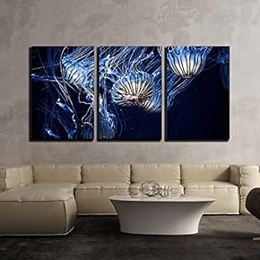 3 Piece Canvas Wall Art - Glowing Jellyfish Under Deep Ocean - Modern Home Art Stretched and Framed Ready to Hang - 16"x24"x3 Panels