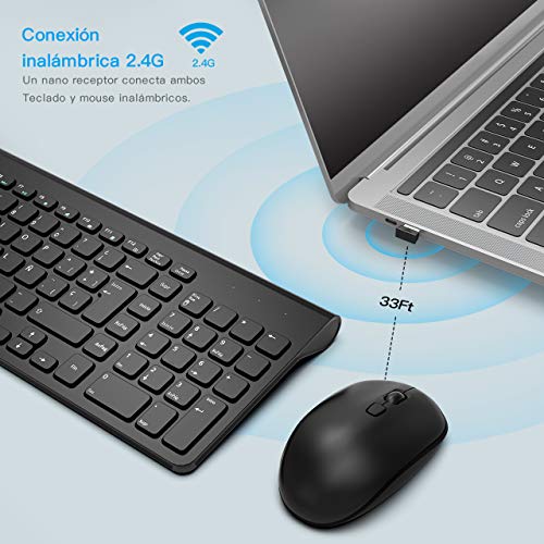 WisFox Packs de Teclado y Ratón Inalámbrico, 2.4GHz Slim Combo de Teclado y Ratón Inalámbrico Avanzado Tamaño Completo con Receptor USB Nano para Computadora Portátil, PC, QWERTY Español