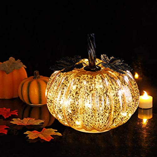 denlix Mercury Glass Pumpkin Lights Fall Decor, Battery Operated LED Timer 5.5 Inches Decorative Pumpkins, Fall Centerpieces for Tables Decorations