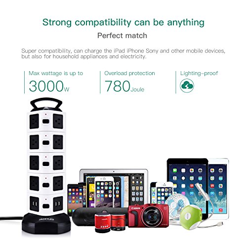 JACKYLED Electric Power Strip 18 Outlet Plugs with 4 USB Slot 6ft Cord Wire Extension Surge Protector Universal Socket Charging Station for PC etc