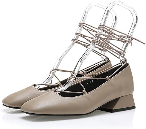 Yuul Yie Genuine Cow Leather Square Toe Lace-Up Low Heel Pumps For Women 5 Grey