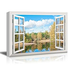 Canvas Wall Art - Window Peering into a Forest in Autumn with a Lake - Giclee Print Gallery Wrap Modern Home Art Ready to Hang - 12x18 inches