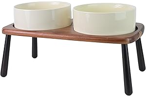 SPUNKYJUNKY Ceramic Elevated Dog Bowls Raised with Acacia Bamboo Wooden Stand, 8.3'' Dog Food Water Bowls Set Non-Slip for Medium Large Sized Breed Microwave Dishwasher Safe - 60 OZ,Beige