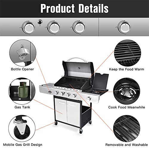Rintuf Propane Gas Grill 4 Burner, 42000 btu Stainless Steel Gas Grill