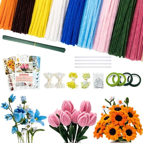 Roneenz 900 Pcs Pipe Cleaners Craft - Pipe Cleaners Flowers Kit with Handle, 9 Colors Chenille Stems Bulk for DIY Flower Making, Art and Craft Supplies at Amazon