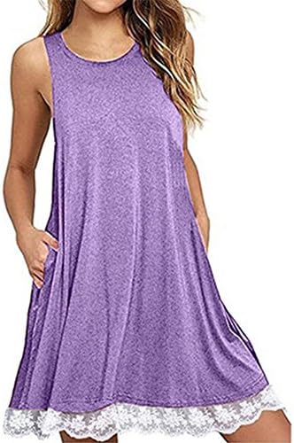 BucaDala Womens Solid Lace Patch Crew Neck Sleeveless Tank Shirt Pleat Flare Top Purple Large