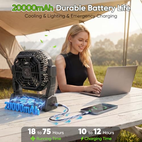 COZII 20000mAh Desk Fan Camping Fan, Portable Fan Rechargeable 4 Speeds with LED Light, Hanging Hook, Remote Control and Timer, Outdoor Battery Powered Fan for Camping Travel Office
