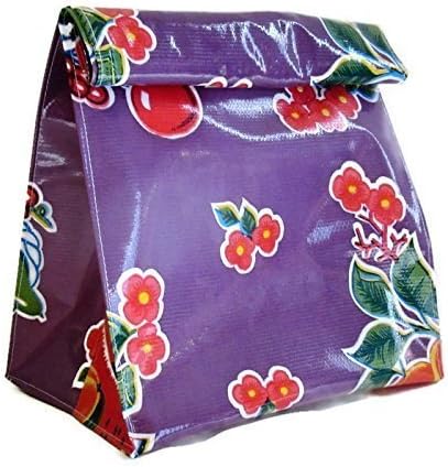 Purple Oilcloth Handmade Lunch Bag Snack Bag Storage Bag Strawberry Floral theme by Philly Artful Home