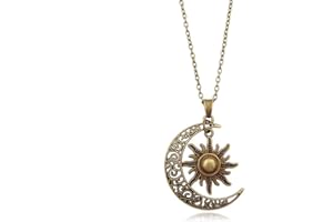QIAN0813 Vintage Bronze Crescent Moon and Sun Pendant Necklace Retro Swirl Filigree Unisex Jewelry Gifts